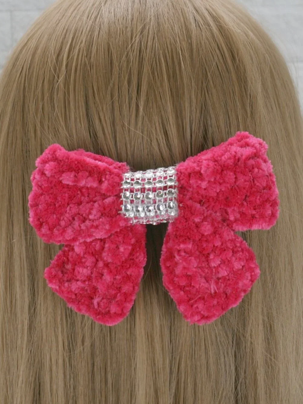 HAND CRAFTED Hair Bow Kids Crochet Chenille Velvet Hair Barrette Oversized Pink